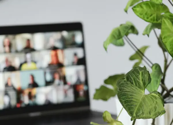 A laptop screen showing a group of people in an online meeting